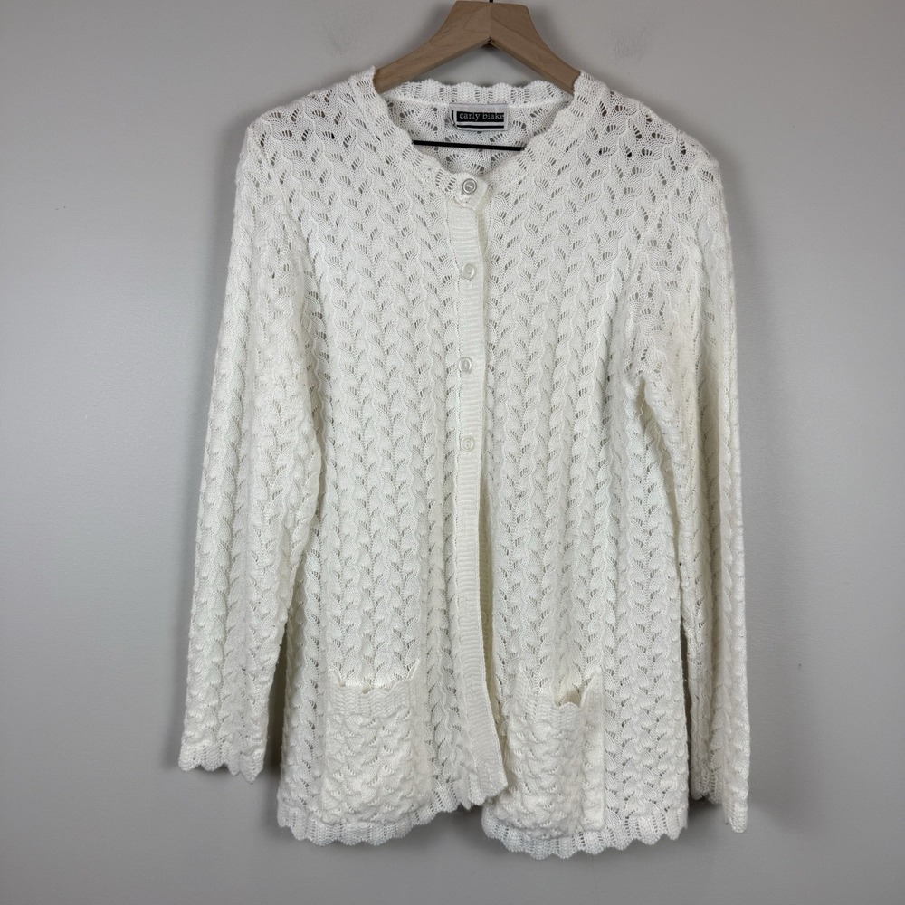 VTG Carly Blake White Cardigan Sweater Womens M Petite Open Knit Pockets Crochet